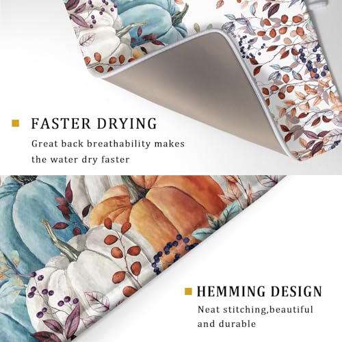 Fall Orange Pumpkin Dish Drying Mat Eucalyptus Leaves Drainer Rack Pad 18"x24" Microfiber Quick Dry Dish Sink Mat for Kitchen Counter Decor