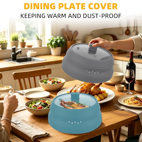 Tall Microwave Splatter Cover Glass Cover Guard Lid 5.8 inch Height with Collapsible Silicone for Food Pot Plate 10.8 inch Grey