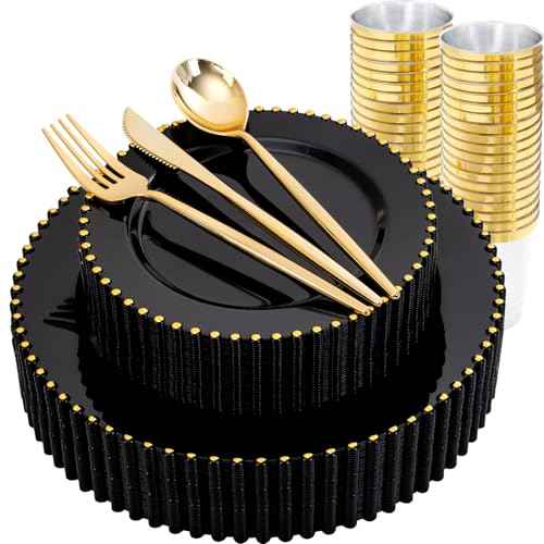 180PCS Black and Gold Plastic Plates Dinnerware Set for 30 Guests (180 Count)
