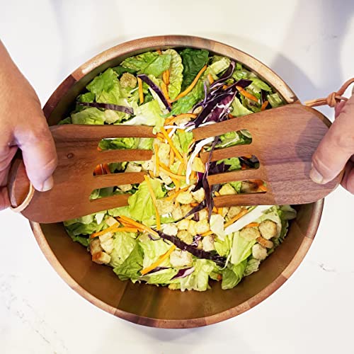 Woodard & Charles Acacia Wood 12" Salad Bowl with Salad Hands