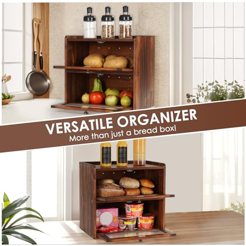 Bread Box for Kitchen Countertop Wooden Bread Storage Container Bin 2 Layer Breadbox Holder Large Capacity Keeper Vintage Farmhouse Food Organizer Pantry Shelf Acrylic Window（Black）