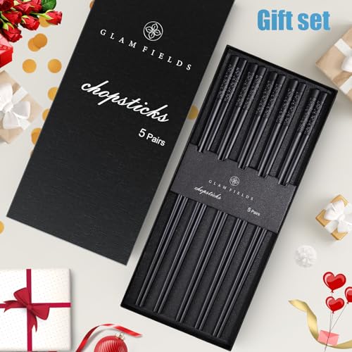 5 Pairs Premium Chopsticks Reusable Dishwasher Safe 9.5 Inch Fiberglass Chop Sticks Gift Set Non Slip Lightweight Cherry Blossom Pattern