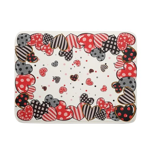 Red Heart Dish Drying Mat 18"x24" Love Dots Microfiber Dish Drainer Rack Mat Holiday Absorbent Fast Dry Pad for Kitchen Counter Home Decor