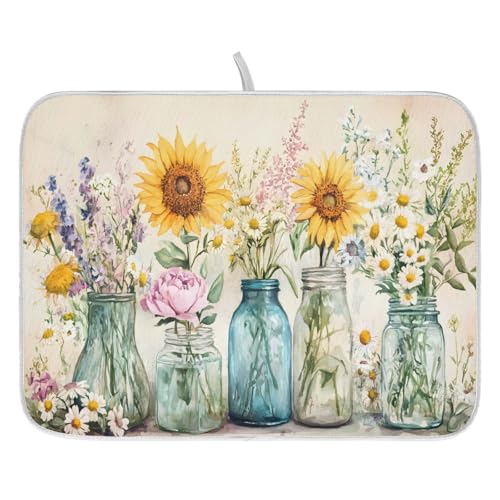 Spring Summer Floral Jars Flowers Dish Drying Mat for Kitchen Counter Absorbent Microfiber Small Drying Pad Dish Mats for Kitchen Countertops 16 x 18 Inch