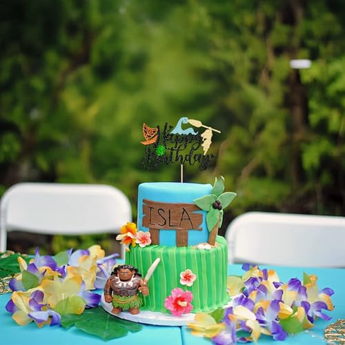 1Pcs Summer Cake Topper Glitter Tree Flower Happy Birthday Cake Pick Decoration for Tropical Hawaiian Luau Theme Baby Shower Kids Birthday Party Cake Decorations Supplies Black