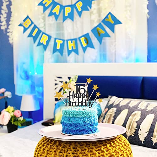 Black Gold 16th Birthday Cake Topper with Glittery Stars (7 Count)