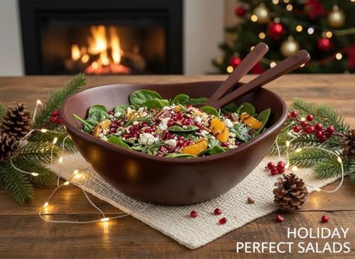 Large Wooden Salad Bowl Set with 2 Serving Utensils (3 Count)