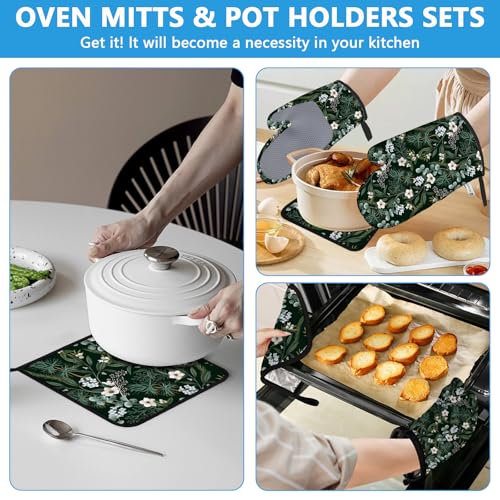 Botanical Print FloralOven Mitts and Pot Holders Sets Heat Resistant 4Pcs Potholders Oven Gloves Hot Pads for Kitchen Baking Cooking Grilling BBQ (4 Count)