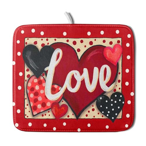 Love Heart Dish Drying Mat 16"x18" Red Dots Microfiber Dish Rack Mat Holiday Absorbent Fast Dry Draining Pad for Kitchen Counter Bar Sinks