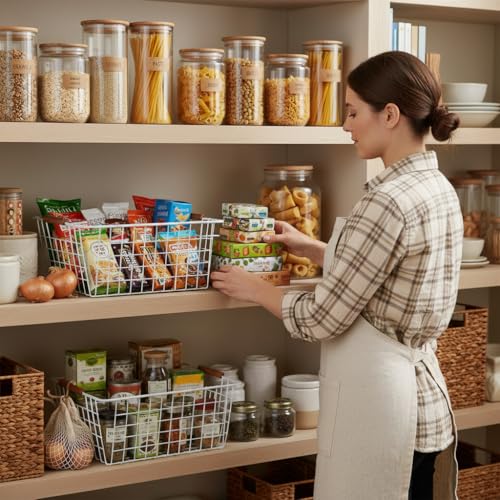 Large white wire baskets with Wooden Handles for storage pantry