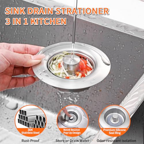 3-in-1 Kitchen Sink Drain Strainer & Sink Stopper 2 Pack - 304 Stainless Steel Sink Drain Strainer, Pop-Up Anti-Clog Design, Fits Standard 3-1/2'' Sink Drains (2 Count)