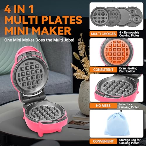 4 in 1 Mini Waffle Maker with Removable Plates