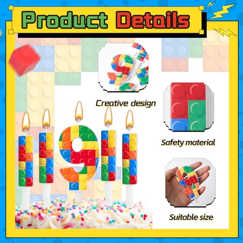 7 Pcs Building Block Themed Birthday Candles Set Building Blocks Number 9 Candle Cake Topper for Building Block Party Decoration Supplies (7 Count)