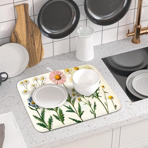 Vintage Wildflowers Dish Drying Pad Daisy Floral Microfiber Drainer Rack for Coffee Bar 16 X 18 Inch