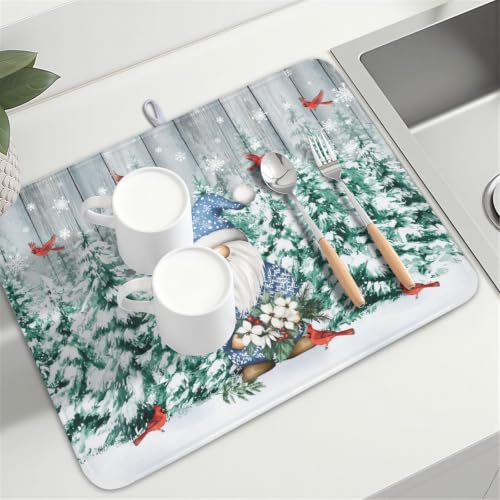 Winter Gnome Dish Drying Mat Pine Tree Dishes Pad 18"x24" Microfiber Absorbent Fast Dry Drainer Rack Mats Protector for Kitchen Countertop