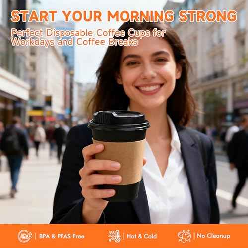 100 Pack 16 oz Disposable Coffee Cups with Lids and Sleeves (100 Count)