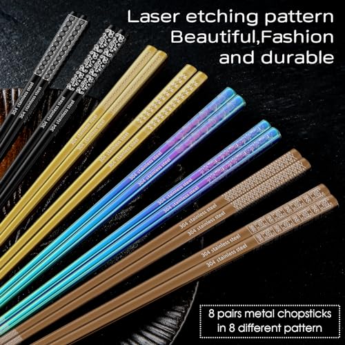 8 Pairs Metal Chopsticks Reusable Multicolor Stainless Steel Chopsticks Set Laser Engraved Non (8 Count)