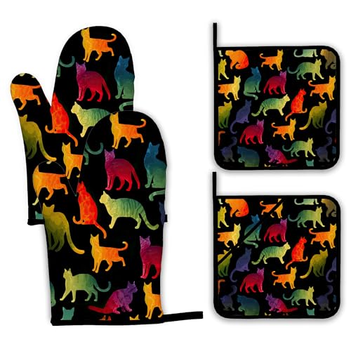 Funny Colorful Cat Oven Mitts and Pot Holders Set (4 Count)