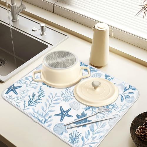 Coastal Sea Star Coral Nautical Dish Drying Mat for Kitchen Counter Absorbent Microfiber Small Drying Pad Dish mats for Kitchen Countertops 16 x 18 Inch