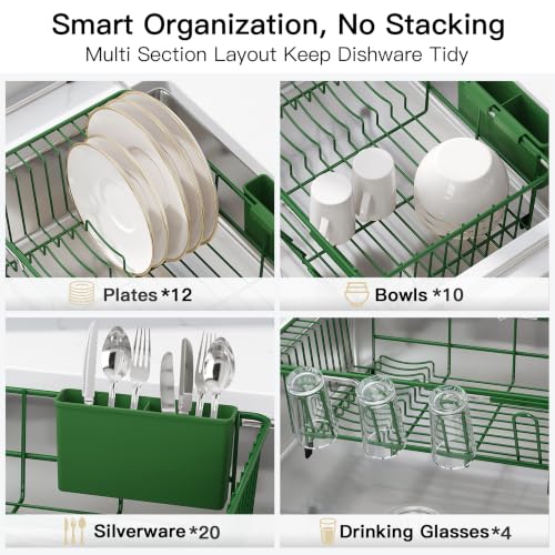 Green Dish Drying Rack in Sink with Drainboard and Utensil Holder