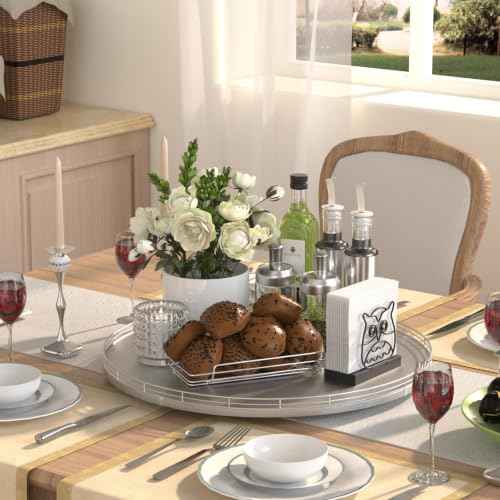 18 Inch Oak Lazy Susan Organizer with Silver Iron Rail