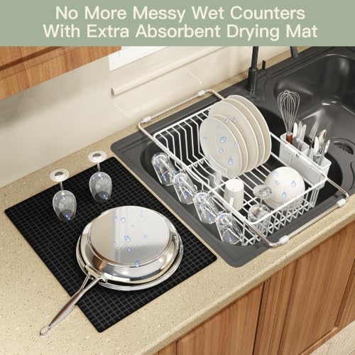 White Expandable Dish Drying Rack Over Sink with Extra Drying Mat