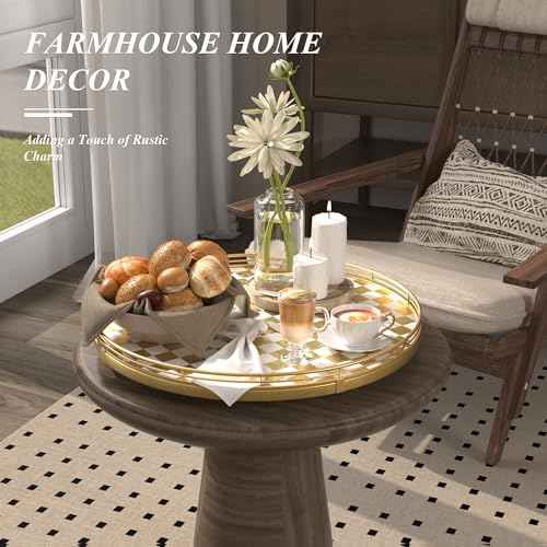 16 Inch Gold and White Checkerboard Lazy Susan with Rubberwood Base