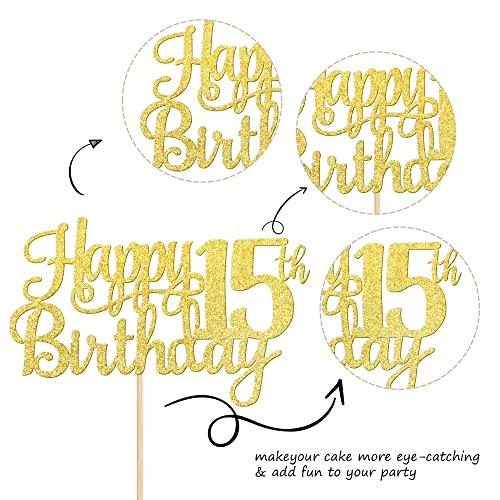 1 PCS Happy 15th Birthday Cake Topper Gold Glitter Cheers to 15 Years Birthday Cake Pick Mis Quince 15 Fabulous Cake Decoration for Happy 15th Birthday Theme Party Decorations Supplies