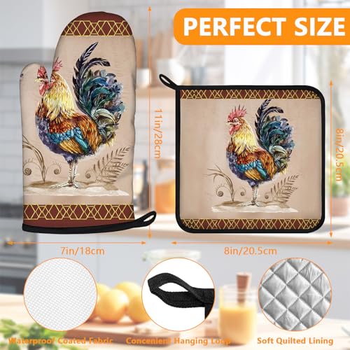 Vintage Rooster Oven Mitts and Pot Holders Sets 4Pcs