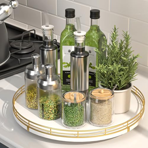 13 Inch White and Gold Wooden Lazy Susan Spice Organizer