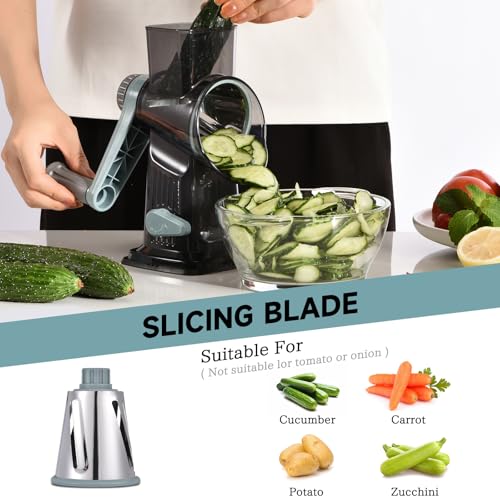 Rotary Cheese Grater with Handle Kitchen Shredder Slicer Grater Slicer Ice Shaver Cheese Vegetable Nuts Potato Zucchini Chocolate 3 Interchangeable Blades