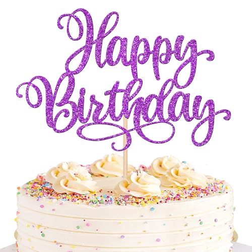 1 PCS Happy Birthday Cake Topper Glitter Happy Birthday Cake Pick for Celebrating Happy Birthday Anniversary Party Cake Decorations Supplies Purple