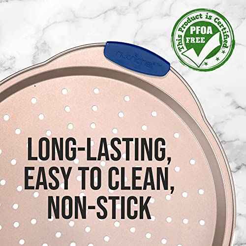 13-Inch Non-Stick Pizza Tray with Silicone Handle - Perforated Round Steel Pan, Dishwasher Safe - 2 Pack - Champagne Gold