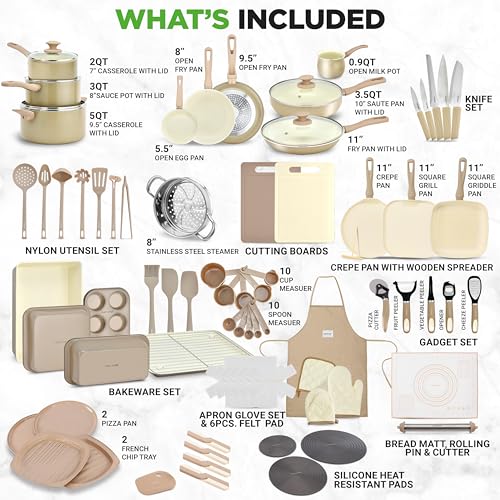 75-Piece Non-Stick Pots and Pans Set, Complete Ceramic Cookware Set with Bakeware, Utensils, Knife Set, & Accessories, Stain-Resistant, Food-Grade Safe, Cream/Brown
