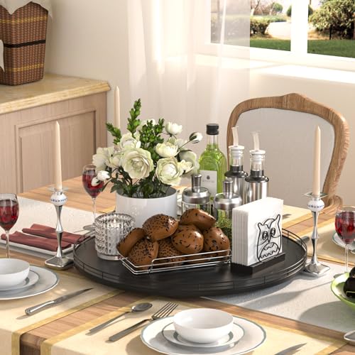 18 Inch Oak Lazy Susan Organizer with Black Metal Rail