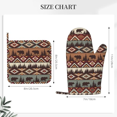 Vintage Rustic Bear Oven Mitts and Pot Holders 4 pcs Set Silicone Bear Mountain Kitchen Oven Mitt Gloves Country Cabin Themed Pot Holders Non