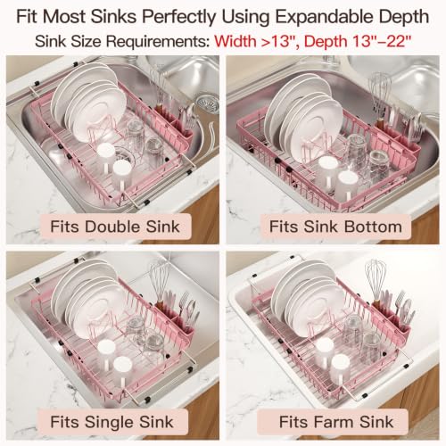 Pink Expandable Dish Drying Rack Over The Sink with Anti Slip Grip