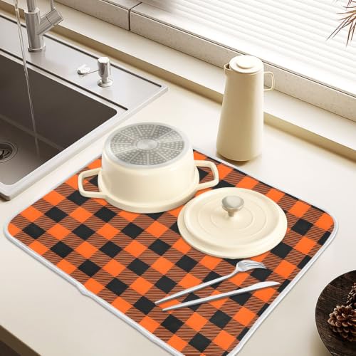 Halloween Dish Drying Mat for Kitchen Counter Absorbent Microfiber Small Drying Pad Black Orange Buffalo Plaid Check Dish Mats for Kitchen Countertops 16 x 18 Inch