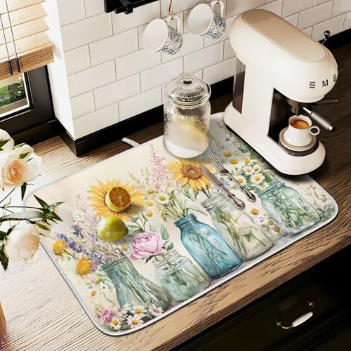 Spring Summer Floral Jars Flowers Dish Drying Mat for Kitchen Counter Absorbent Microfiber Large Drying Pad Dish Mats for Kitchen Countertops 18 x 24 Inch