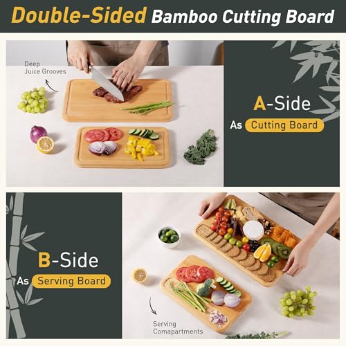 2 Packs Natural Wood Cutting Board Set Non Toxic Bamboo Cutting Boards with Juice Groove Wooden Chopping Board Ideal Charcuterie for Meat Fruit Vegetables Cheese Hardwood Kitchen Counter Kit (2 Count)
