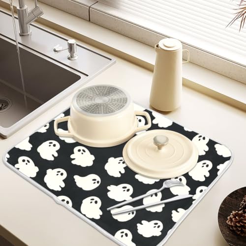 Halloween Cute Ghost Dish Drying Mat for Kitchen Counter Absorbent Microfiber Small Drying Pad Dish mats for Kitchen Countertops 16 x 18 Inch
