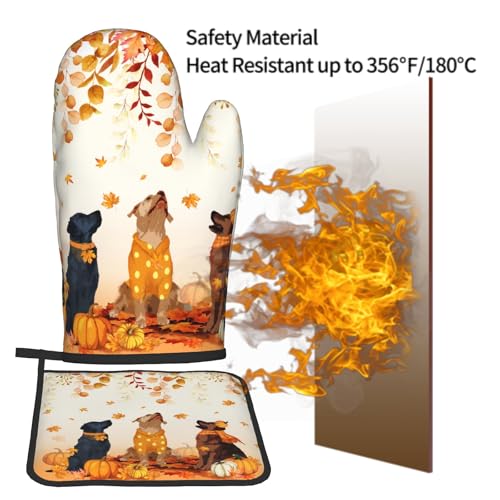 Fall Dogs Oven Mitt Potholders Sets Autumn Leaves Heat Resistant Oven Glove Set of 2 Holiday Kitchen Hot Pads for Cooking Baking Grilling