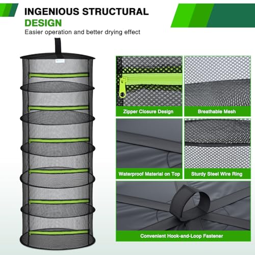 6 Layer Herb Drying Rack Hanging Mesh Net Foldable Plant Drying Racks 24" w Green Zipper Pruning Shears Hook Dryer Hanging Rack for Herbs Seed Bud Fruit Clothes Grow Tent Closets Garden Outdoor