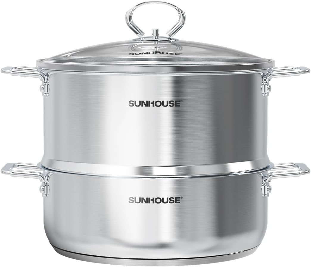 [New Version] Sunhouse 2-Tier Stainless Steel Steamer Pot with Lid - Larger 5.5 QT Steamer & 3.8 QT Stockpot Base - Induction Ready, Compatible with All Cooktops - Culinary Roots