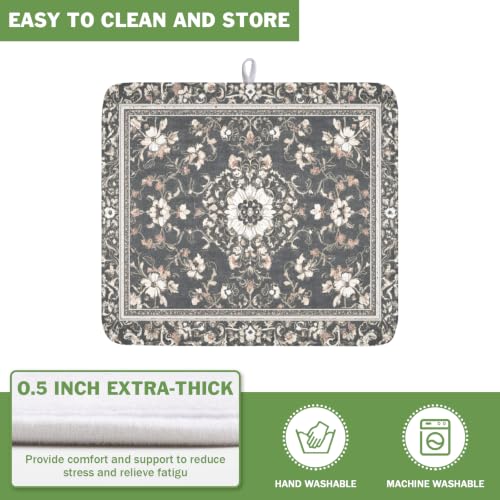 Boho Floral Dish Drying Mat Grey Leaves Dishes Drainer Pad 16x18 Inch Microfiber Absorbent Kitchen Dry Rack Mat for Counter Tableware Decor
