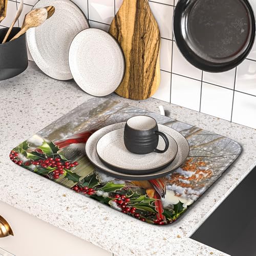 Winter Birds Dish Drying Mat Red Berry Dish Drainer Rack Mat Microfiber Absorbent Dish Drying Pad for Kitchen Counter Coffee Bar 16x18 Inch