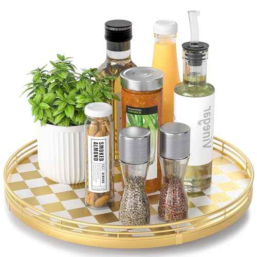 13 Inch Gold and White Checkerboard Lazy Susan with Rubberwood Base