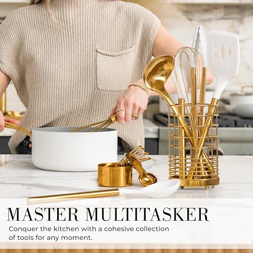 White and Gold Kitchen Utensils Set with Holder (15 Count)