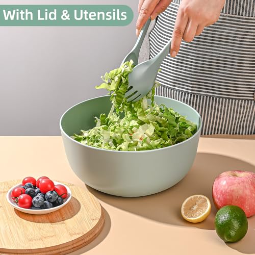 Bamboo Fiber Salad Bowl with Servers Set Large 9.8inches Nature Bamboo Mixing Bowl with Servers with Lid Spoon and Fork for Fruits