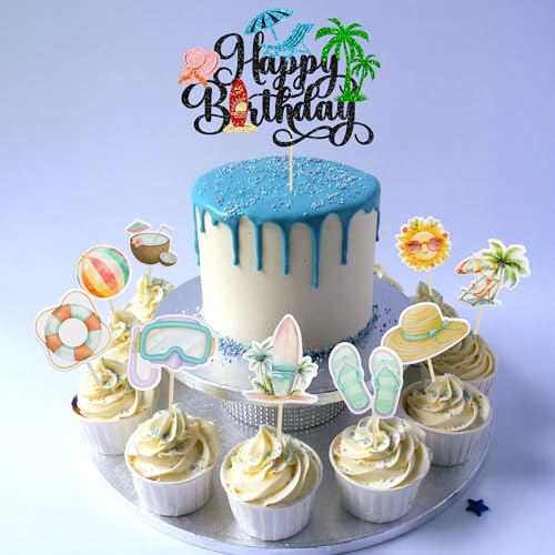 37Pcs Summer Beach Pool Cupcake Toppers Glitter Beach Happy Birthday Cake Topper Ball Sun Umbrella Water Gun Cupcake Picks for Tropical Hawaii Theme Birthday Party Decorations Supplies Black (37 Count)